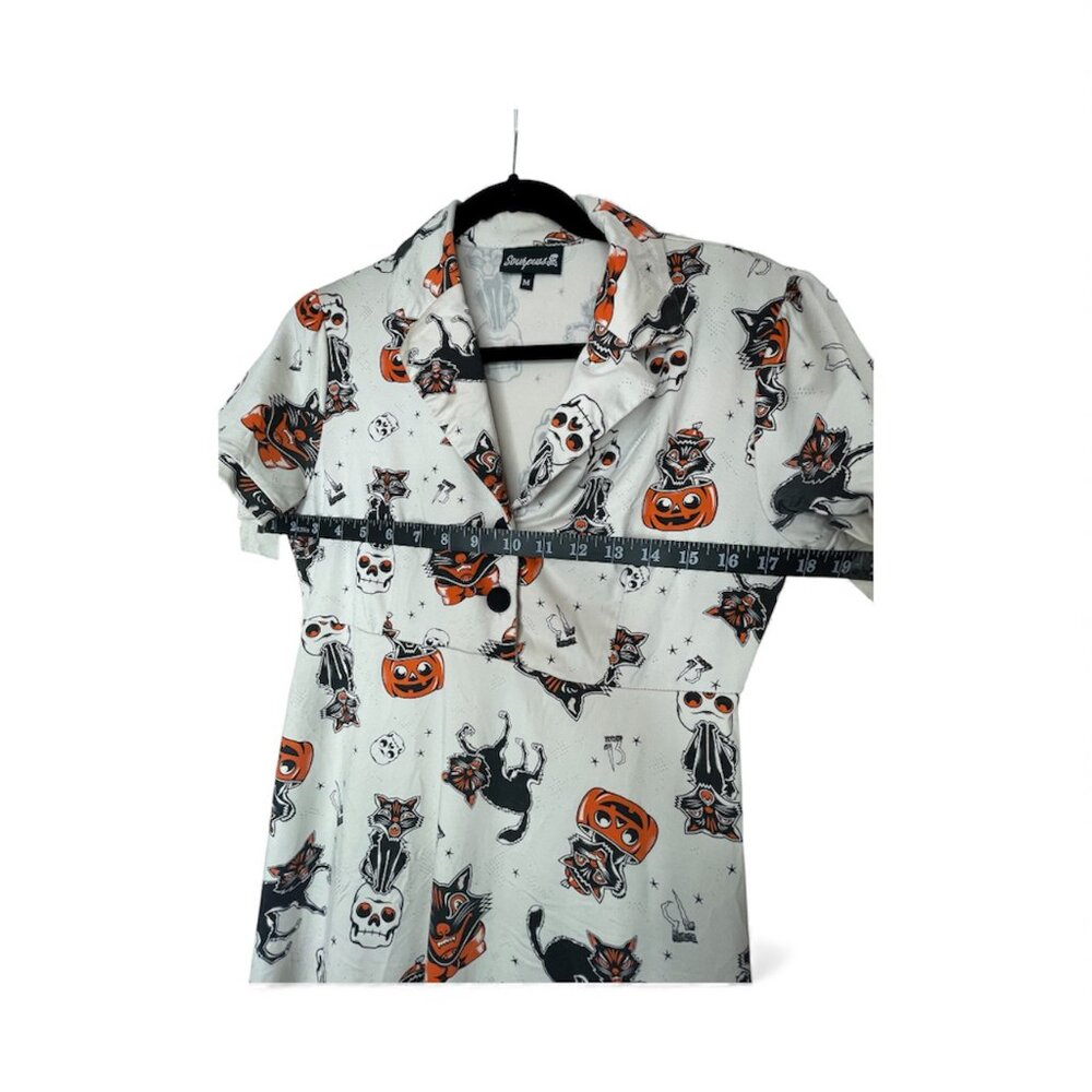 Sourpuss Black Cat Rosie Dress Cream Button Dress Goth Halloween Rockabilly Med - Picture 8 of 14
